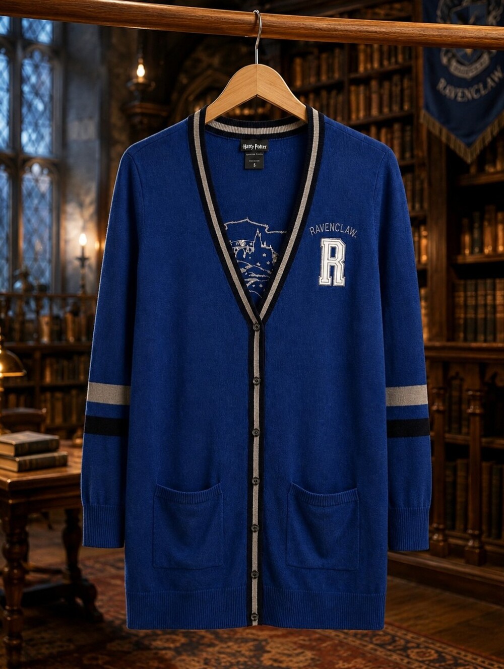 Harry Potter Ravenclaw Longline Cardigan Sweater Blue Women's Size 3 Button Fron